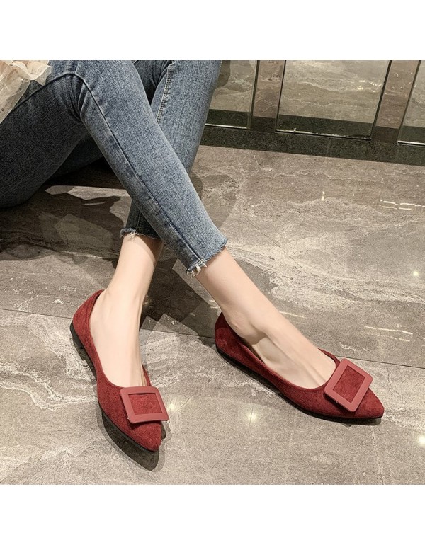 2021 spring new Korean pointed shallow mouth flat shoes fashion square button suede single shoes fashion women's shoes wholesale