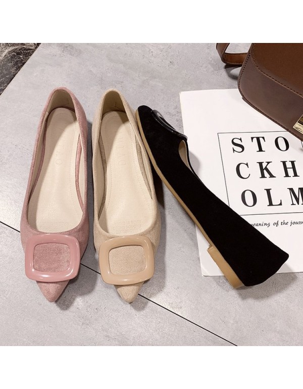 2021 spring new square button shallow flat sole single shoes pointed suede comfortable women's shoes comfortable work shoes wholesale