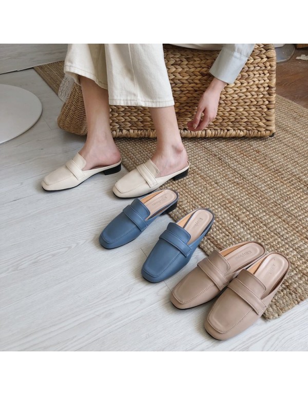 Wholesale of new Korean Baotou half slippers in spring and summer 2021, square head flat bottom, one foot on lazy slippers and women's shoes outside