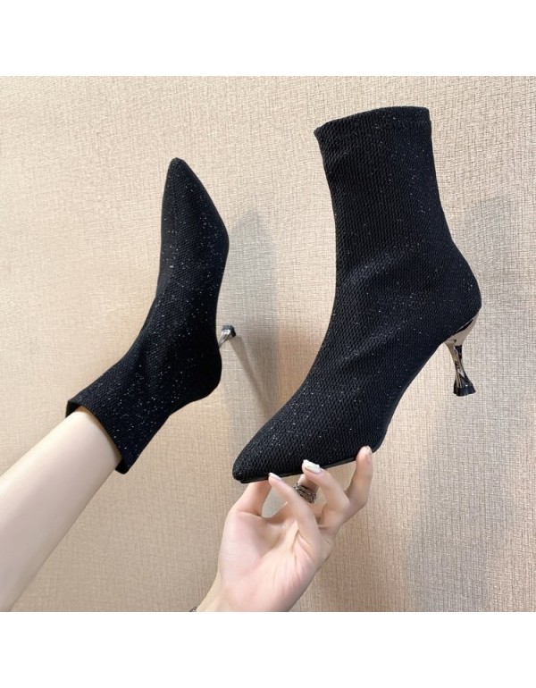 Sequin cloth elastic knitted short boots women's 2021 autumn and winter new European and American pointed high heels and thin heels medium boots single boots