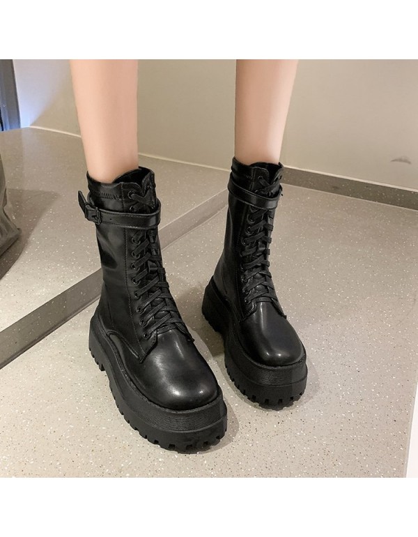 2021 muffin thick soled Knight boots women's high Martin boots show thin motorcycle boots round head below knee high boots women's autumn