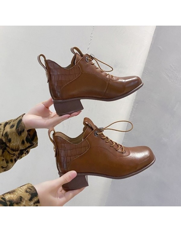 Fashion boots women's autumn 2021 new square root round head front lace up solid color middle heel nude boots in stock