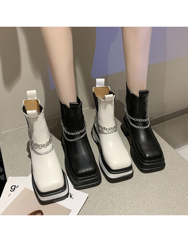 Fashion thick bottom Chelsea boots women's 2021 new short boots British elastic round head metal chain short barrel Martin boots