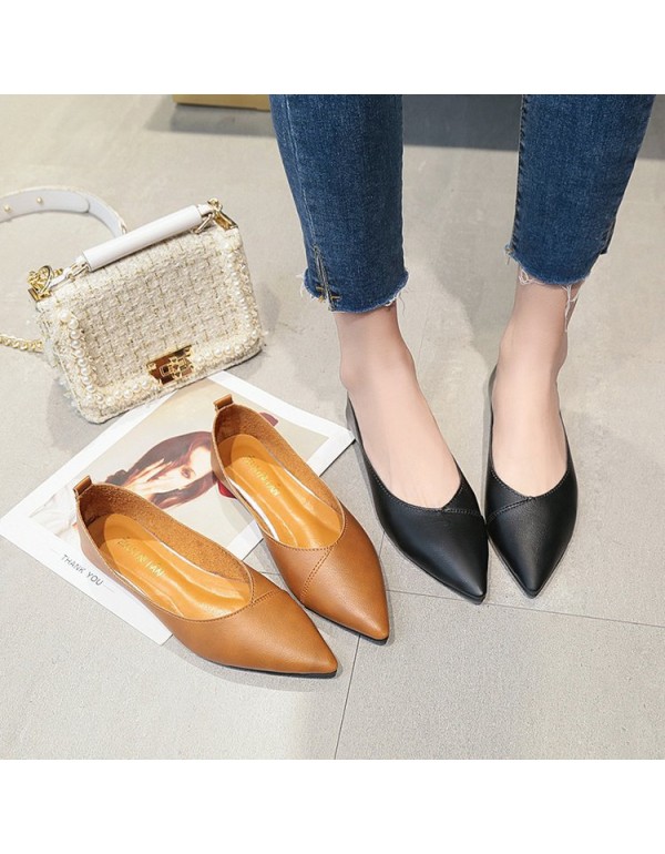 2021 spring new pointed flat shoes women's shallow flat heel shoes black comfortable leather work shoes wholesale