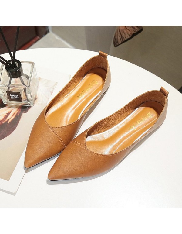2021 spring new pointed flat shoes women's shallow flat heel shoes black comfortable leather work shoes wholesale