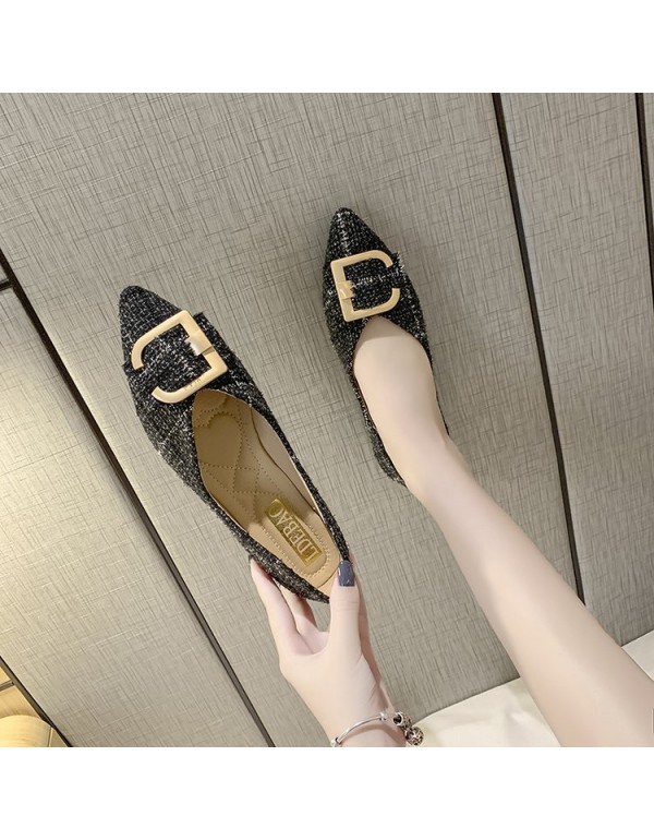 2021 spring new Korean pointed flat shoes shallow mouth c-button flat heel shoes Plaid soft soled women's shoes wholesale