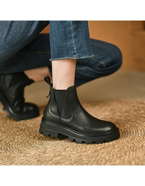 Chelsea short boots women's chimney boots round head thick bottom English Martin boots autumn winter Brown retro short boots