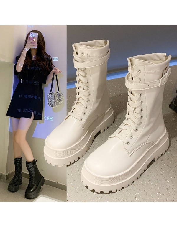 2021 muffin thick soled Knight boots women's high Martin boots show thin motorcycle boots round head below knee high boots women's autumn