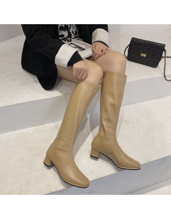 Women in boots 2021 spring and autumn new net red thin boots square head middle heel thick heel high tube boots Knight boots