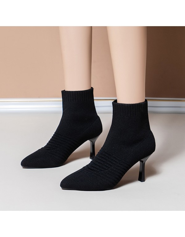 2021 autumn winter new knitted short boots elastic socks boots women's fine heels high heels knitted wool boots pointed Martin boots