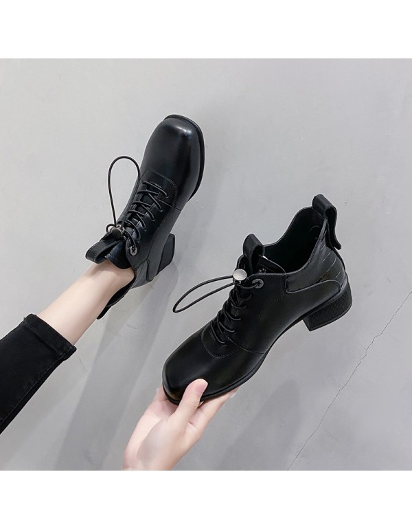 Fashion boots women's autumn 2021 new square root round head front lace up solid color middle heel nude boots in stock