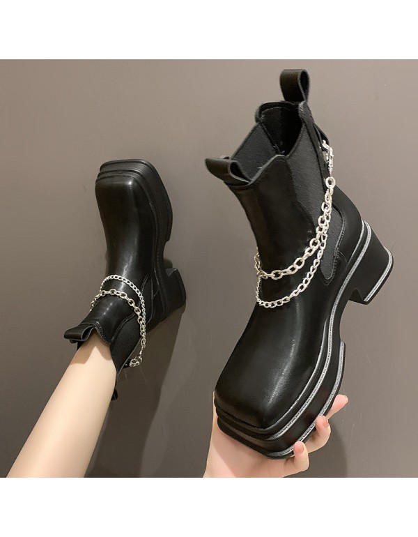 Fashion thick bottom Chelsea boots women's 2021 new short boots British elastic round head metal chain short barrel Martin boots