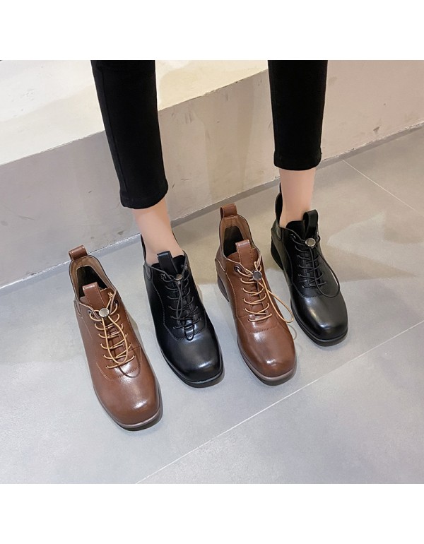 Fashion boots women's autumn 2021 new square root round head front lace up solid color middle heel nude boots in stock