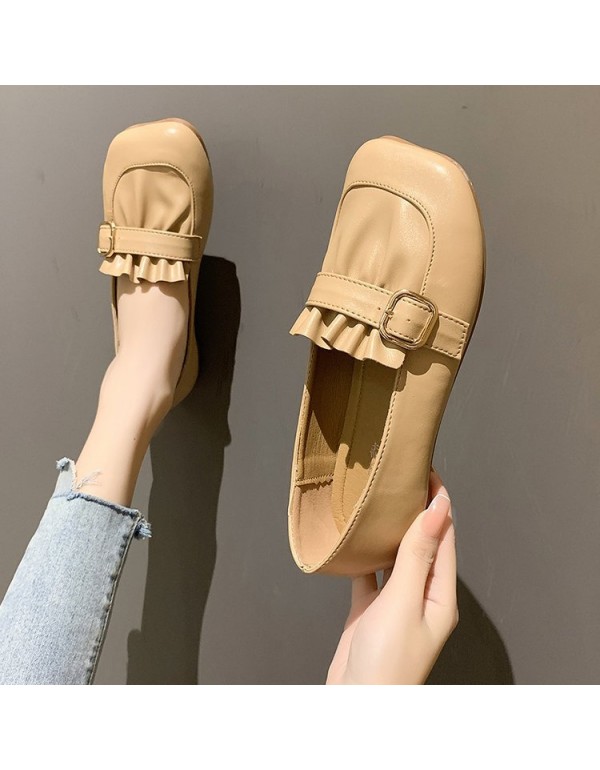 2021 autumn new Korean flat sole single shoes belt buckle square head soft bottom pea shoes fold fashion women's shoes wholesale