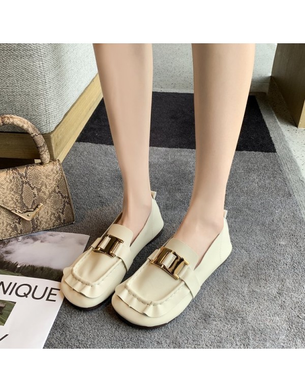 2021 autumn new Korean flat sole single shoes square head soft bottom bean shoes metal buckle fashion Lefu women's shoes wholesale