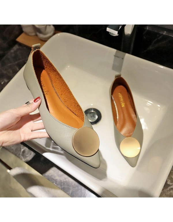 2021 spring new pointed shallow mouth flat shoes women's fashion metal round buckle comfortable flat single shoes women's shoes wholesale