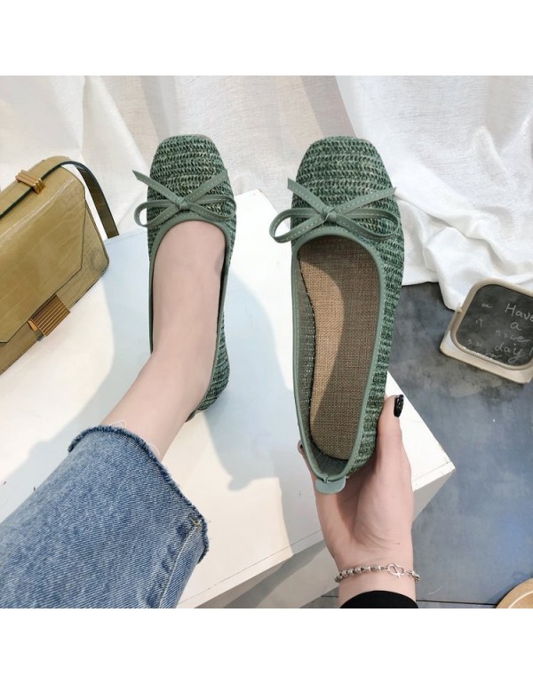2021 summer new grass woven square head single shoes flat bottom shallow mouth bow breathable Doudou shoes women's shoes wholesale