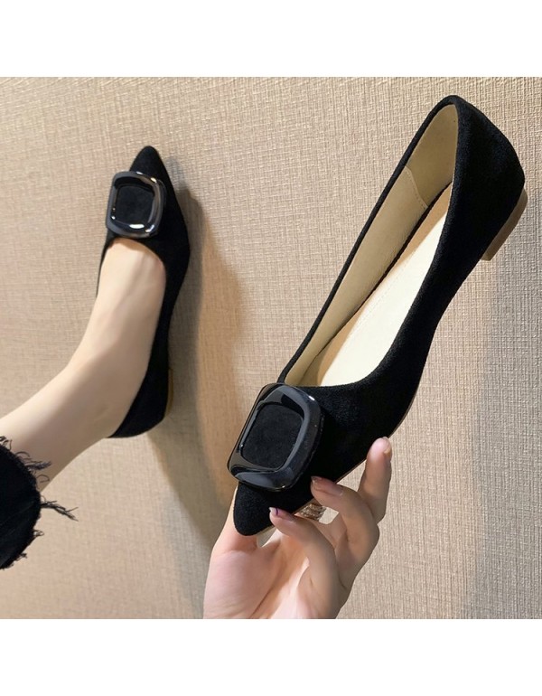 2021 spring new square button shallow flat sole single shoes pointed suede comfortable women's shoes comfortable work shoes wholesale