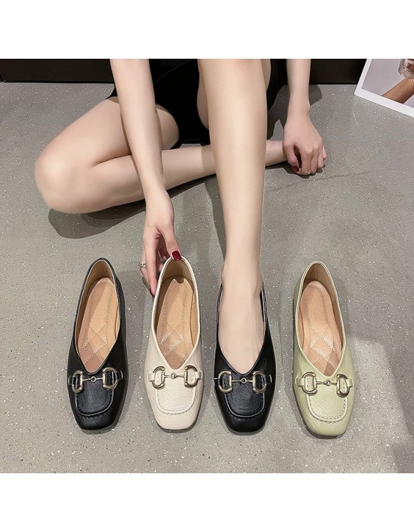 2021 Autumn New Retro flat sole single shoes metal buckle square head shallow mouth soft bottom pea shoes fashion leather women's shoes
