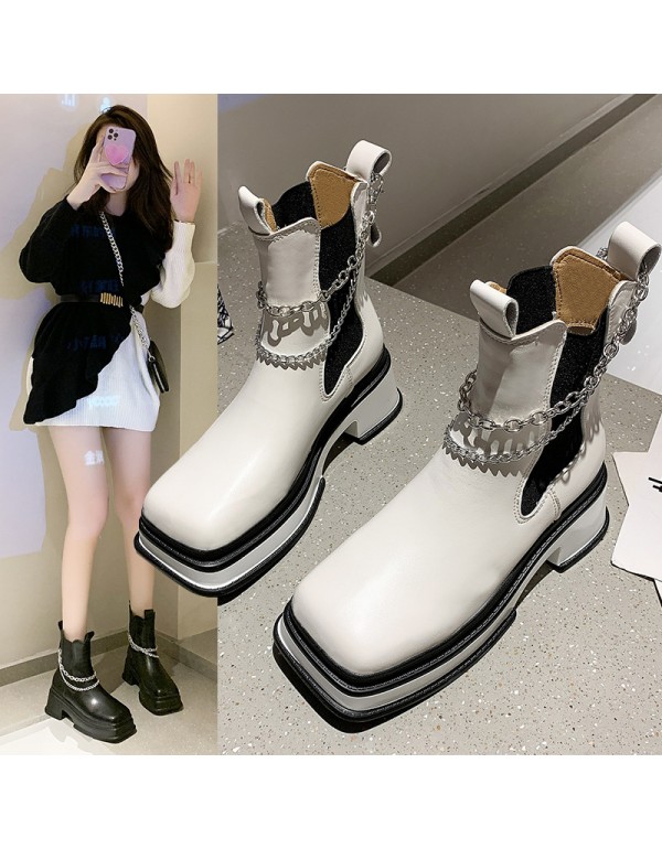 Fashion thick bottom Chelsea boots women's 2021 new short boots British elastic round head metal chain short barrel Martin boots