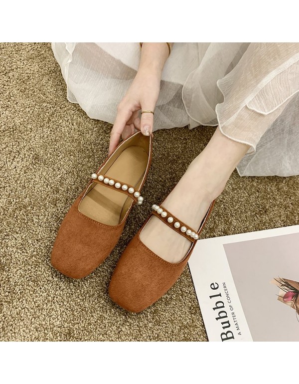 2021 autumn new flat sole single shoes Square Head shallow mouth flat belt elastic Beaded pea shoes suede women's shoes wholesale 