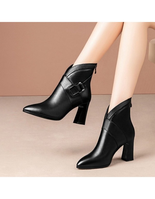 European and American high-heeled short boots women's 2021 spring and winter new pointed fashion boots fashion medium thick heel women's shoes