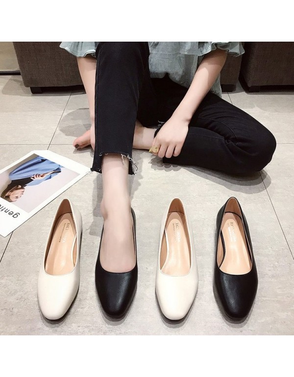 2021 spring new low heel shallow mouth single shoes thick heel square head leather black work shoes one foot women's shoes wholesale