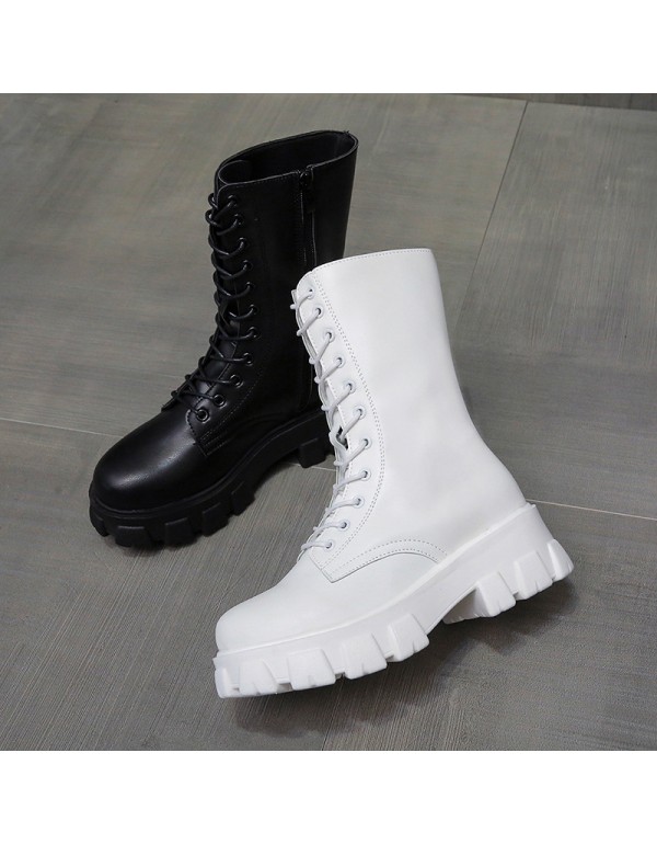 Martin boots women's new fashion student Korean version medium high tube color matching thick bottom fashion boots British casual shoes