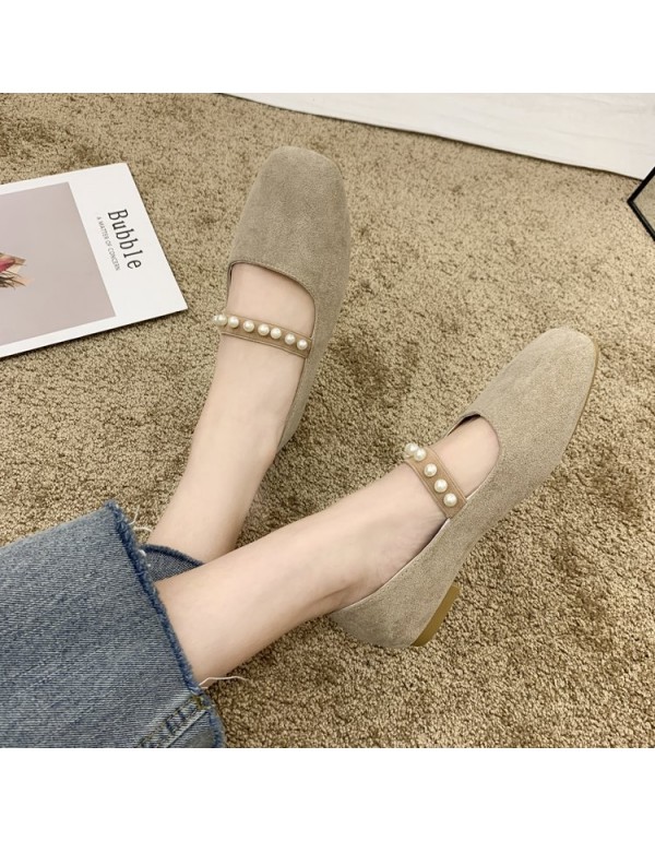 2021 autumn new flat sole single shoes Square Head shallow mouth flat belt elastic Beaded pea shoes suede women's shoes wholesale 