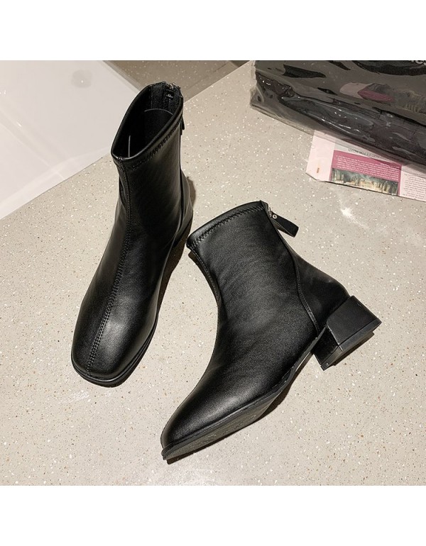 Autumn and winter 2021 new Korean version net red single boots women soft leather square head short boots women Plush high heels thick heels thin boots women