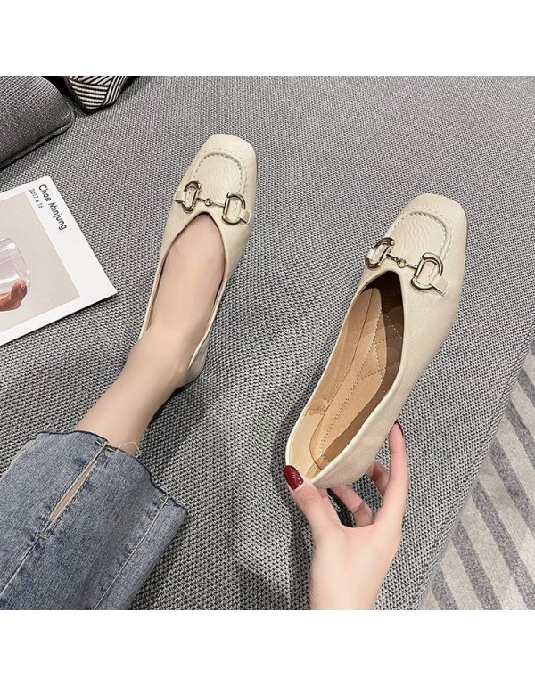 2021 Autumn New Retro flat sole single shoes metal buckle square head shallow mouth soft bottom pea shoes fashion leather women's shoes