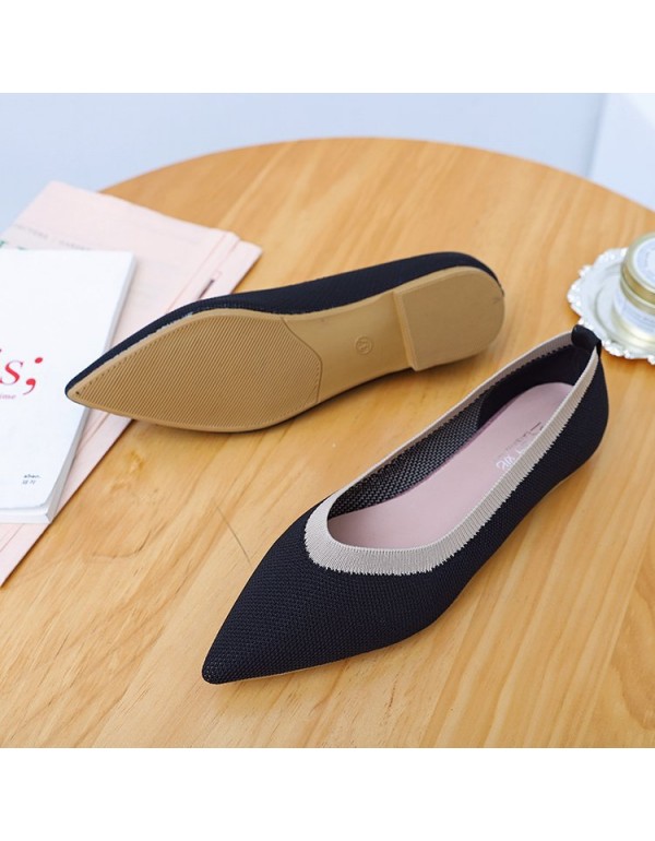 2021 autumn new Korean knitted breathable pointed single shoes flat bottomed fashion color matching casual shallow mouth women's shoes wholesale
