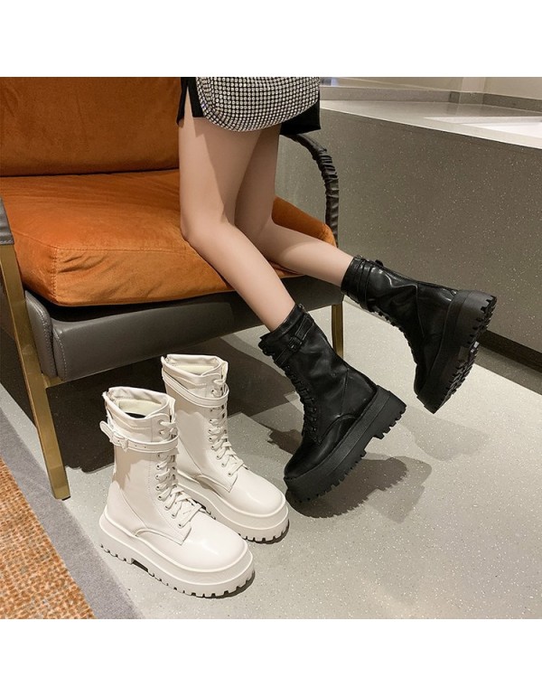 2021 muffin thick soled Knight boots women's high Martin boots show thin motorcycle boots round head below knee high boots women's autumn