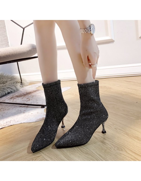 Sequin cloth elastic knitted short boots women's 2021 autumn and winter new European and American pointed high heels and thin heels medium boots single boots