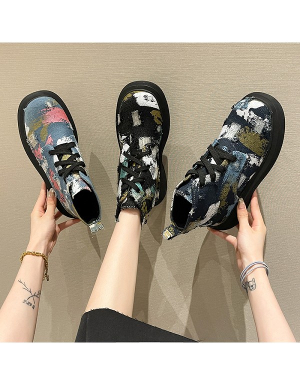 Denim Martin boots women's breathable British style 2021 new graffiti handsome thick bottom short barrel motorcycle single boots women's Boots