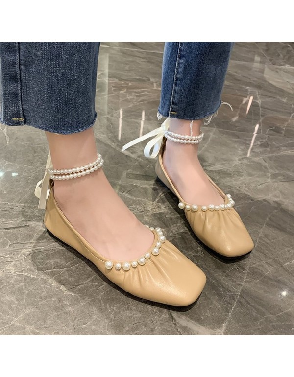 2021 autumn new fairy style bow pearl single shoes women's head shallow mouth ankle lace up pea shoes wholesale
