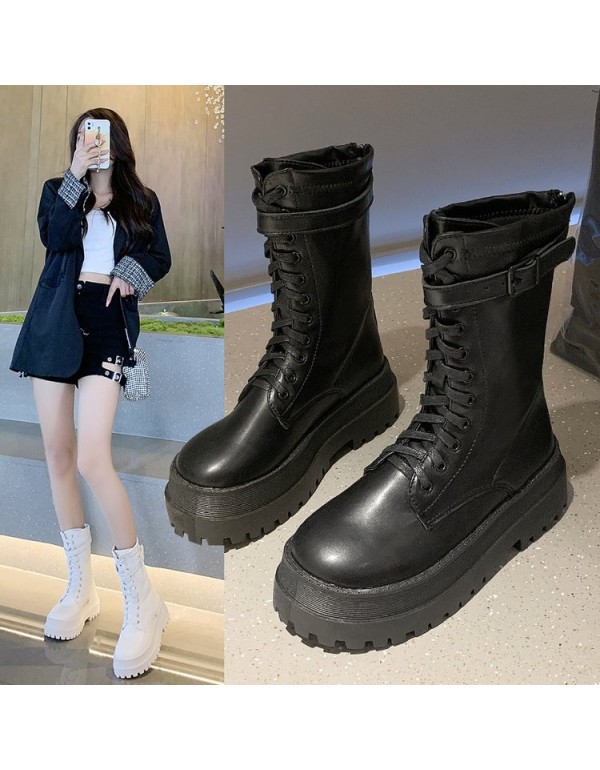 2021 muffin thick soled Knight boots women's high Martin boots show thin motorcycle boots round head below knee high boots women's autumn