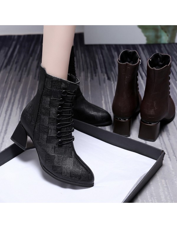 Women's short boots 2021 autumn and winter new leather pointed Martin boots thick heel Plush medium short boots high heels fashion boots