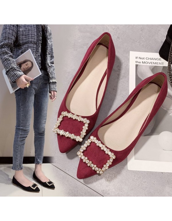 2021 spring new Korean version pointed single shoes shallow suede fashion Rhinestone square buckle flat shoes comfortable women's shoes wholesale