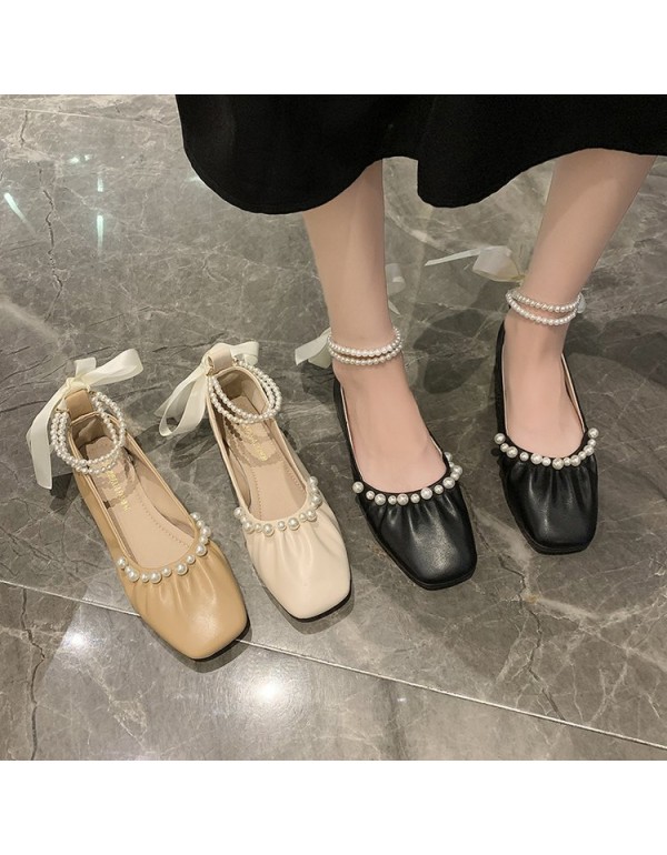 2021 autumn new fairy style bow pearl single shoes women's head shallow mouth ankle lace up pea shoes wholesale