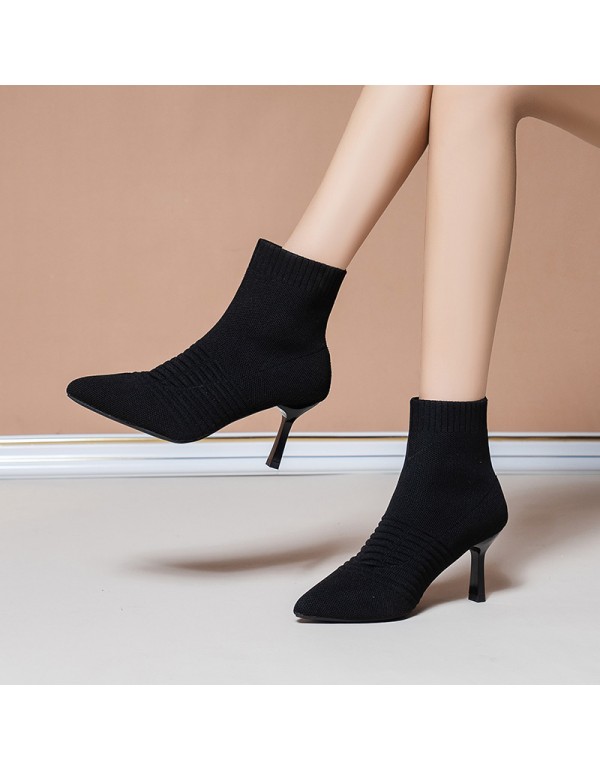 2021 autumn winter new knitted short boots elastic socks boots women's fine heels high heels knitted wool boots pointed Martin boots