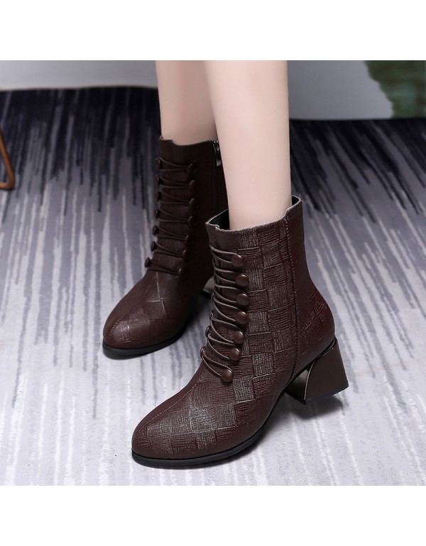 Women's short boots 2021 autumn and winter new leather pointed Martin boots thick heel Plush medium short boots high heels fashion boots