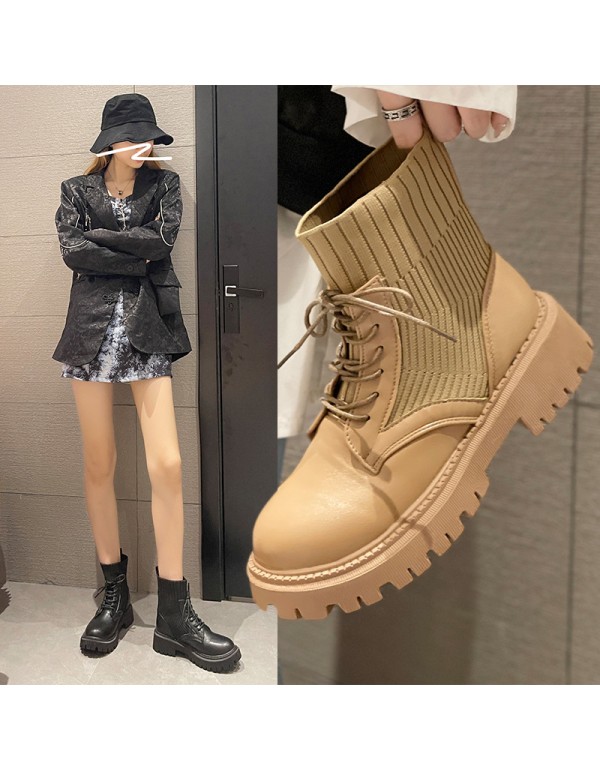 Martin boots women's spring and autumn 2021 new high explosion Street elastic small short boots black thin single boots