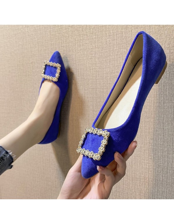 2021 spring new Korean version pointed single shoes shallow suede fashion Rhinestone square buckle flat shoes comfortable women's shoes wholesale