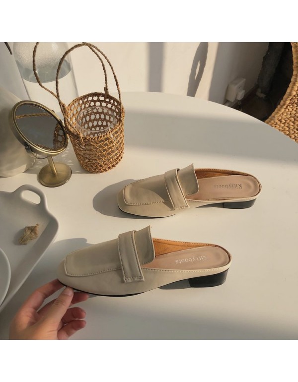 Wholesale of new Korean Baotou half slippers in spring and summer 2021, square head flat bottom, one foot on lazy slippers and women's shoes outside