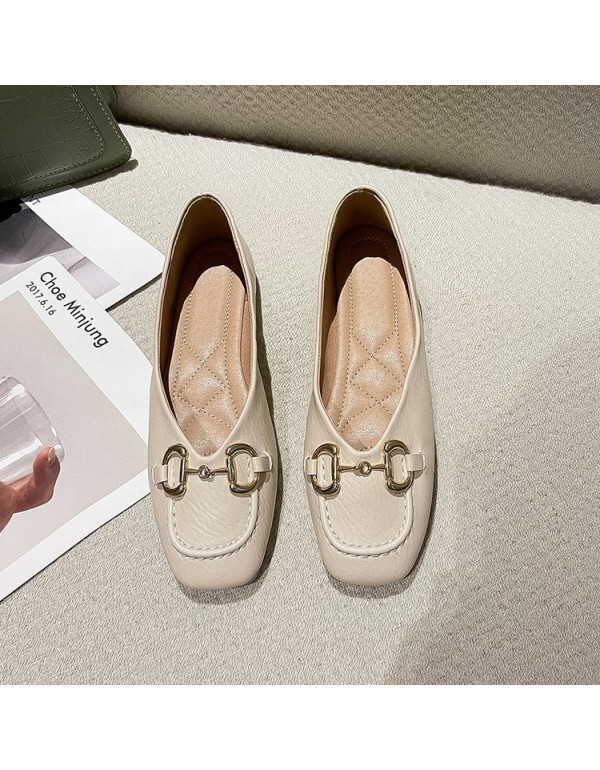 2021 Autumn New Retro flat sole single shoes metal buckle square head shallow mouth soft bottom pea shoes fashion leather women's shoes