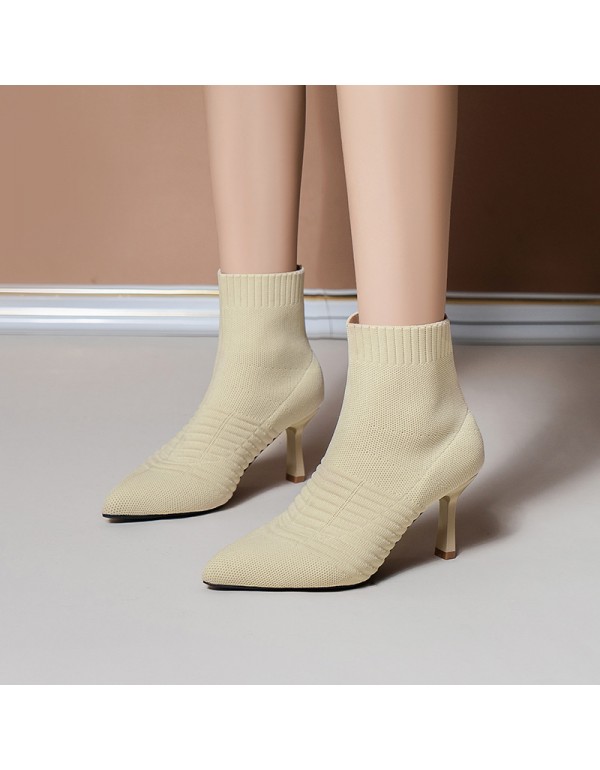 2021 autumn winter new knitted short boots elastic socks boots women's fine heels high heels knitted wool boots pointed Martin boots