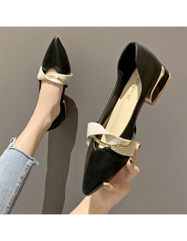 2021 autumn new pointed single shoes thick heel shallow mouth leather low heel women's shoes black professional four seasons work shoes 