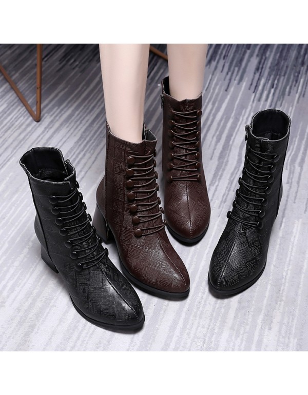 Women's short boots 2021 autumn and winter new leather pointed Martin boots thick heel Plush medium short boots high heels fashion boots