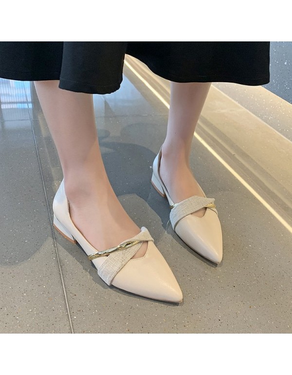 2021 autumn new pointed single shoes thick heel shallow mouth leather low heel women's shoes black professional four seasons work shoes 